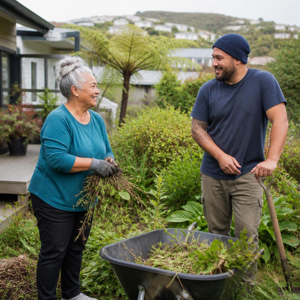 Two neighbours working together in a garden.